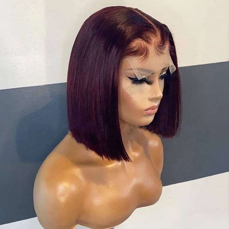 

Burgundy 200 Density Short Bob Silky Straight Glueless Soft Lace Front Wig For Black Women Babyhair 99j Preplucked Daily Cosplay