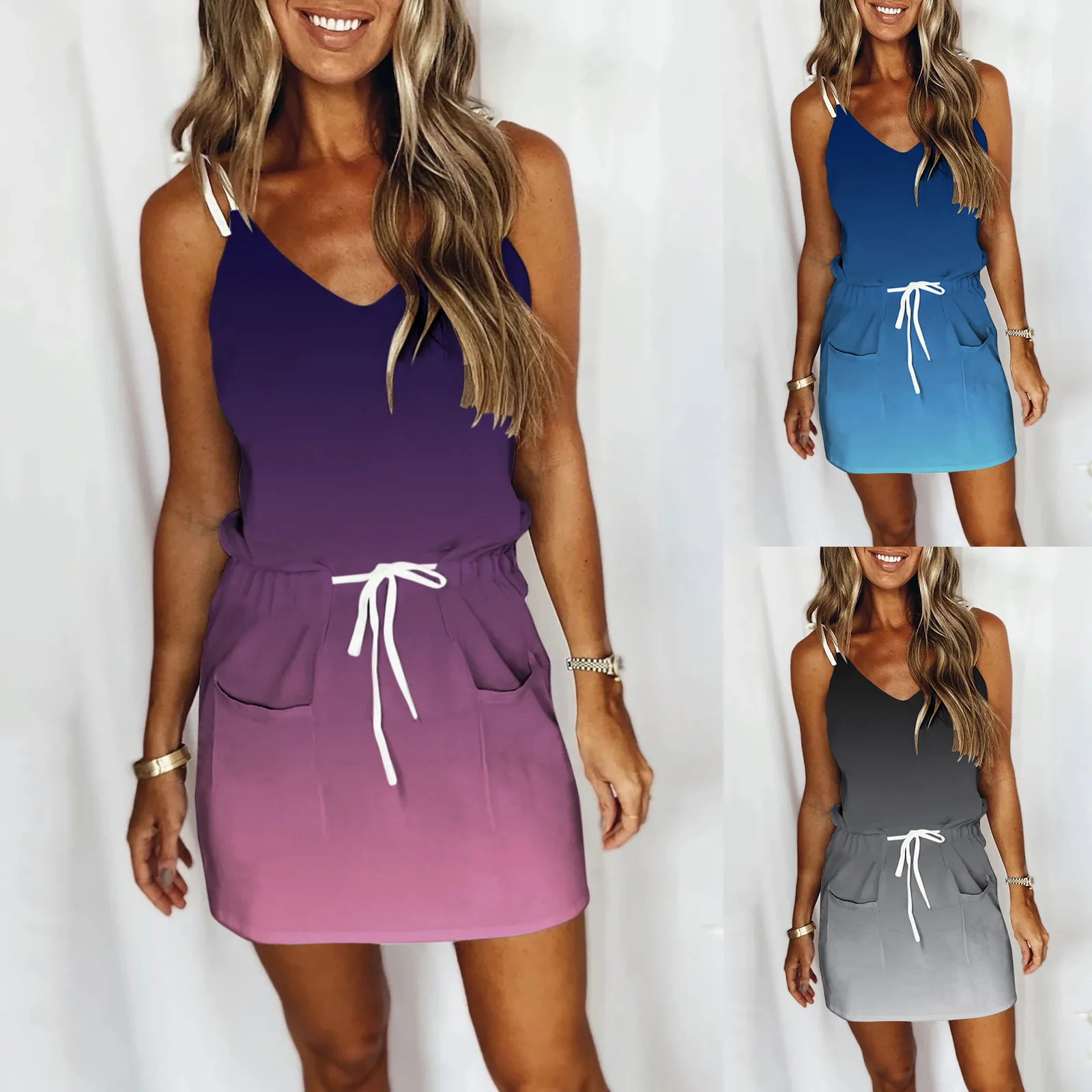 

Summer Casual Women's Dresses Sexy Gradient Printd Sling Women V Neck Drawstring Pockets Dress Women's Clothing Robe