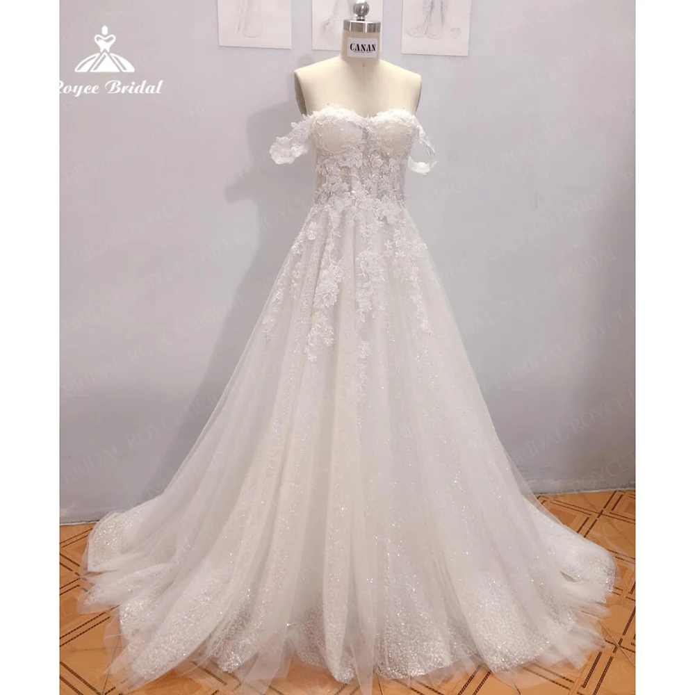 

Modern glitter Tulle Wedding Dresses 2023 Off The Shoulder Appliques Lace Bridal Gowns Custom Made Ball Gown vestidos para mujer