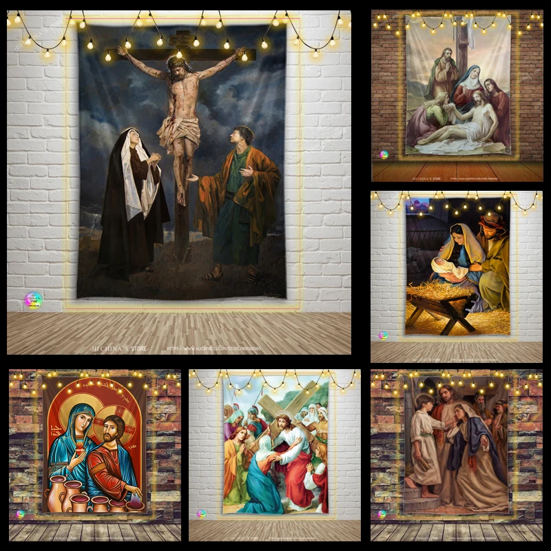 

Jesus Tapestry Christ Wall Art Angel Bedroom Living Room Decor Wise Men Bohemian Virgin Mary Wall Hanging Home Dedoration