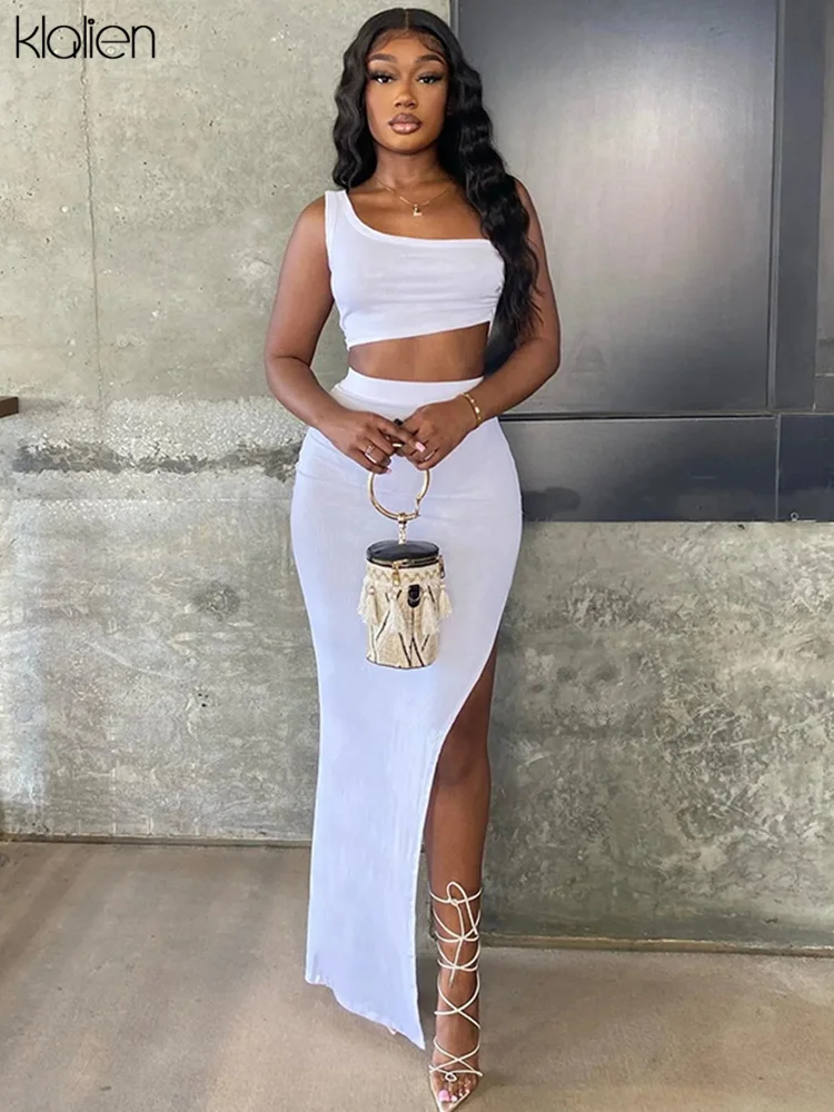 

KLALIEN Fashion Sexy One Shoulder Crop Top and Long Skirt Two Piece Skirt Set For Women Summer New Simple Solid Wild Suit 2022