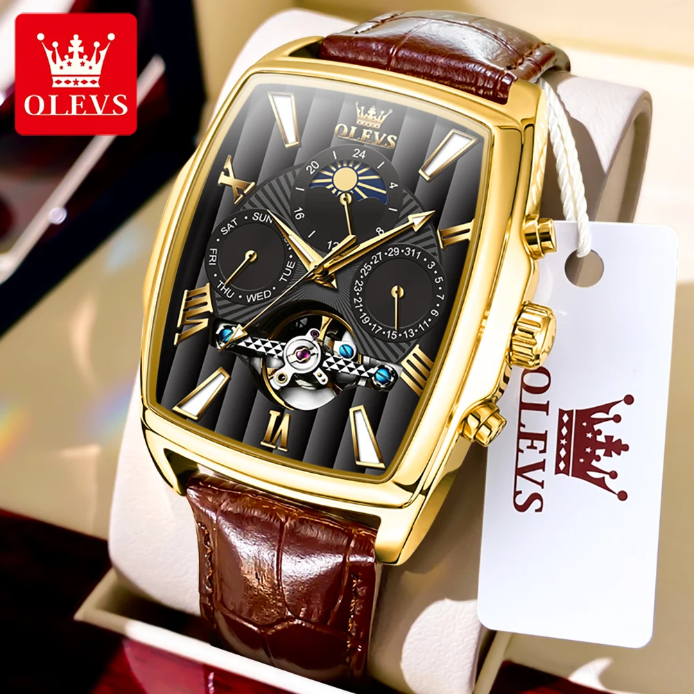 

OLEVS Mens Watches Moon Phase Automatic Mechanical Watch Tourbillon Sport Clock Leather Business Wristwatch Relojes Hombre