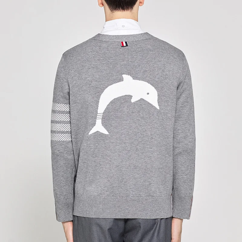 

THOM TB Men’s Long Sleeve Open Front Knitted Cardigan Button Down Chunky Outwear Coat Dolphins Jacquard Design Sweater