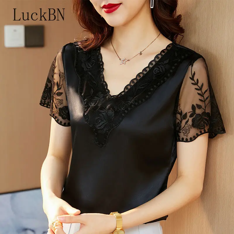 Летняя блузка рубашка 2022 новые модные атласные кружевные топы с коротким рукавом