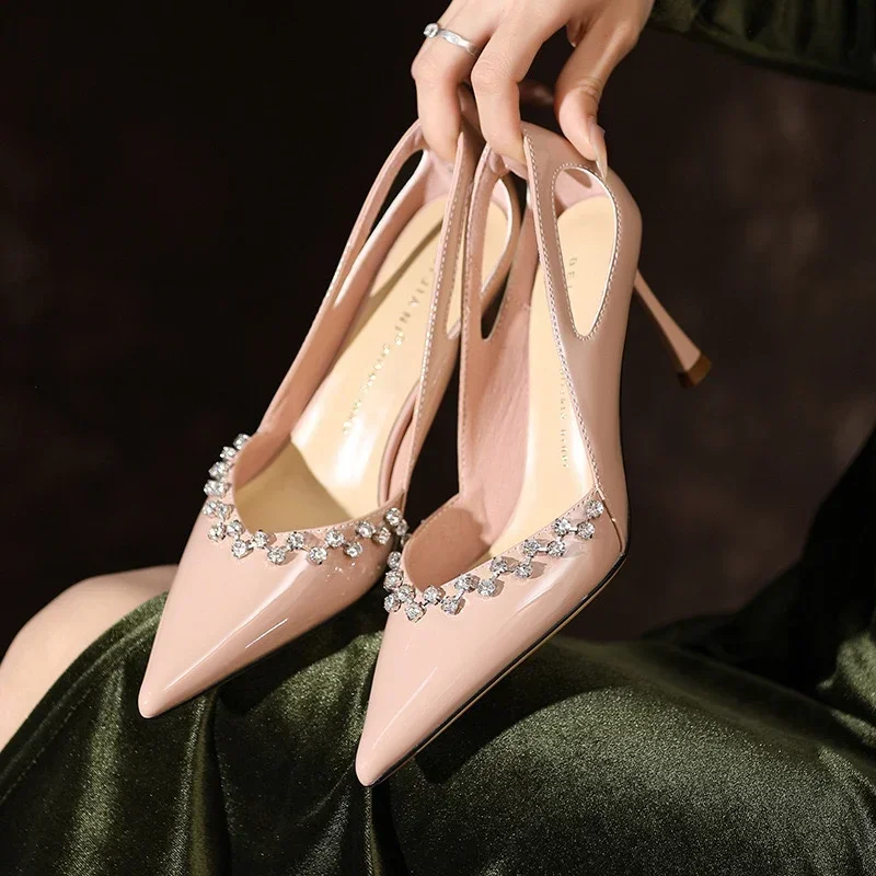 Женские туфли на высоком каблуке тонкие с французской искусственной окантовкой