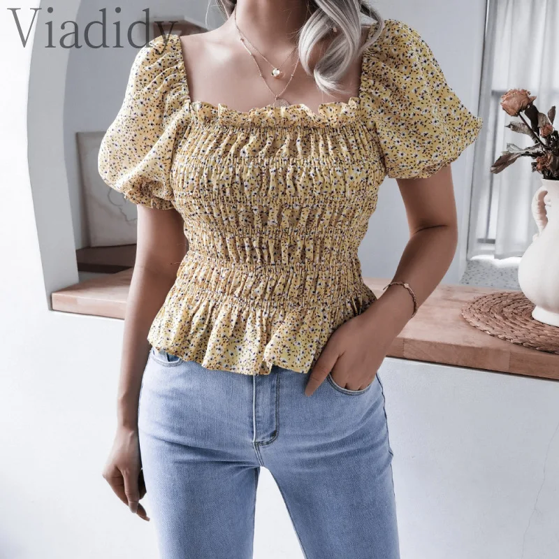 

Women Elegant Print Puff Sleeve Shirring Ruffles Decor Blouse