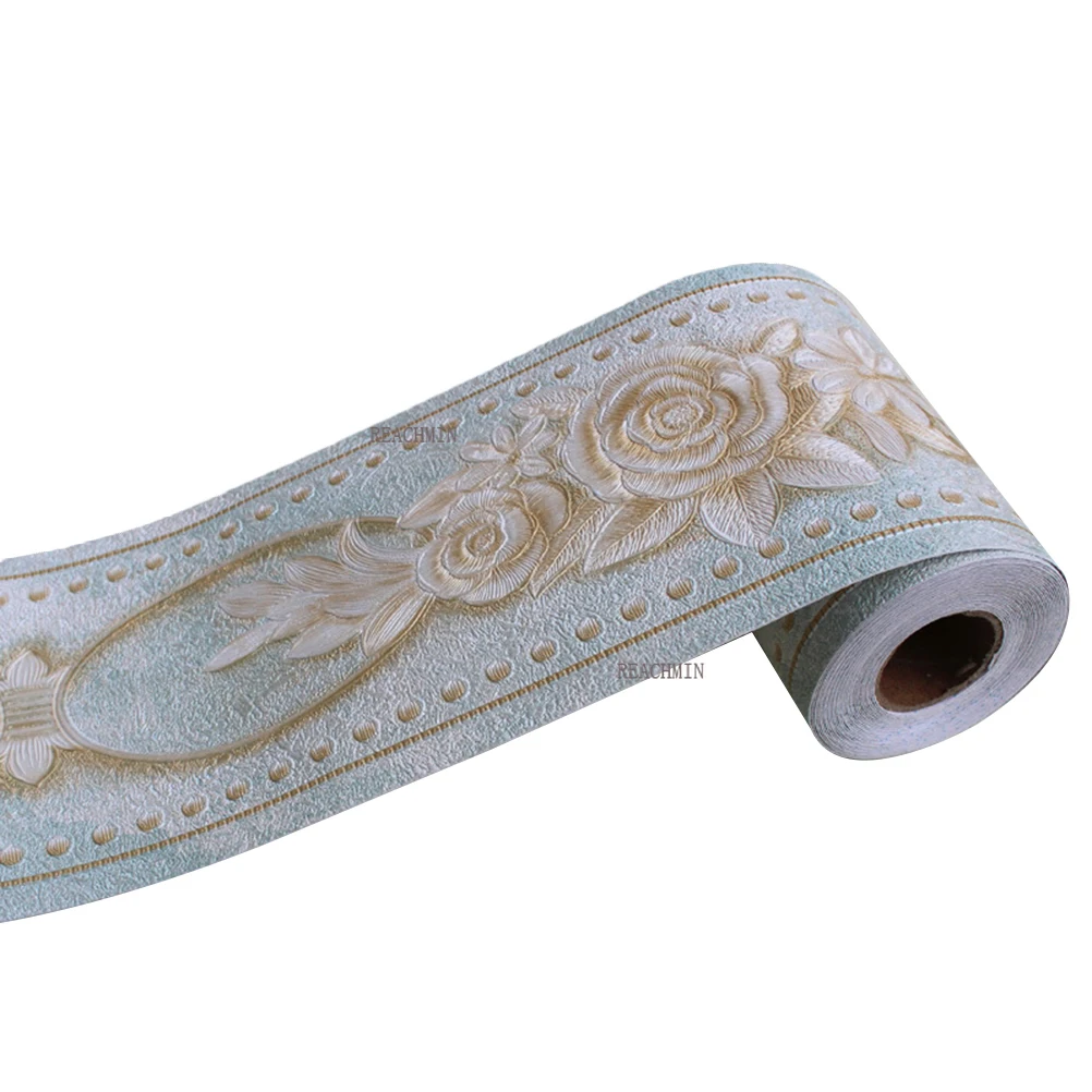 

10.6cm x 5m Green Background Rose Printing Wallpaper Border Sticker Waist Line Wall Sticker Waterproof Self Adhesive PVC