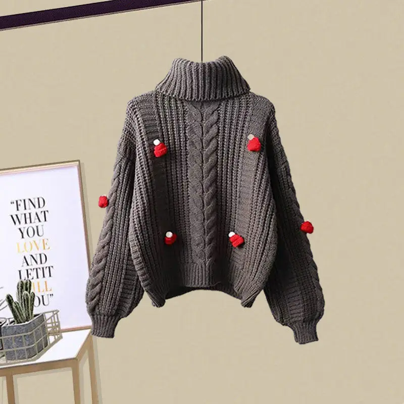 2022 Autumn New Sweet Aging High Neck Knitted Sweater Suspender Dress Two-piece Elegant Women's Skirt Suit Club Party Dress images - 6
