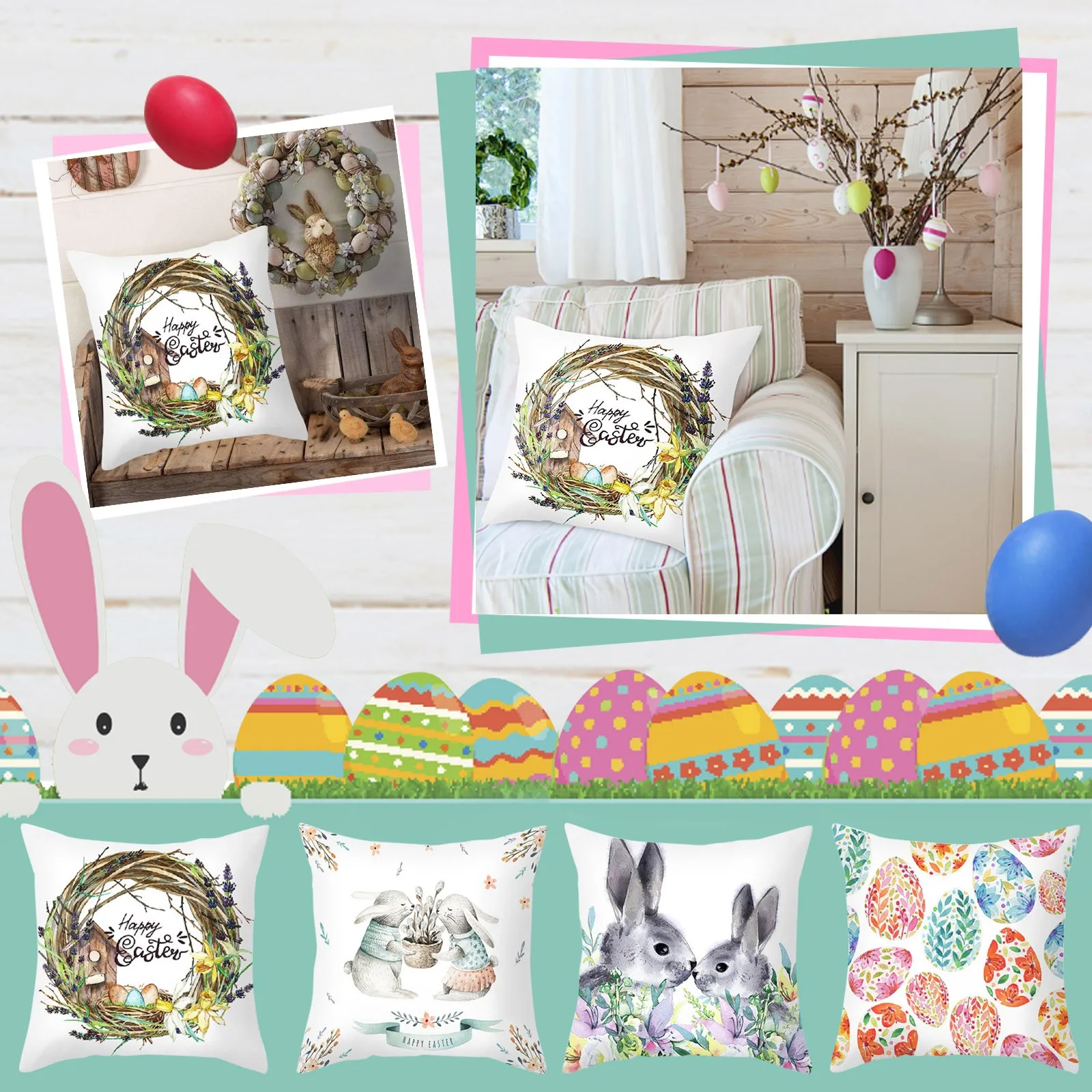

45x45cm Easter Pillowcase Print Sofa Cushion Cover Rabbit Theme Egg Print Pillow Case For Home Decoration