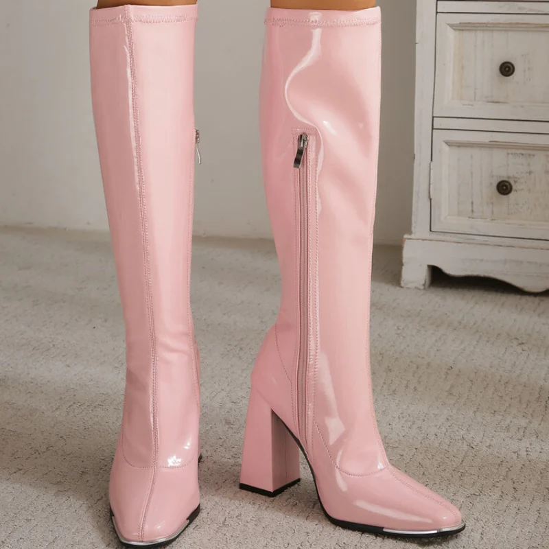 Vierkante Hoofd Herfst Winter Nieuwe Zwart Lakleer Vrouwen Laarzen Toevallige Dikke Hak Genuine Leather Women Shoes Boots Women