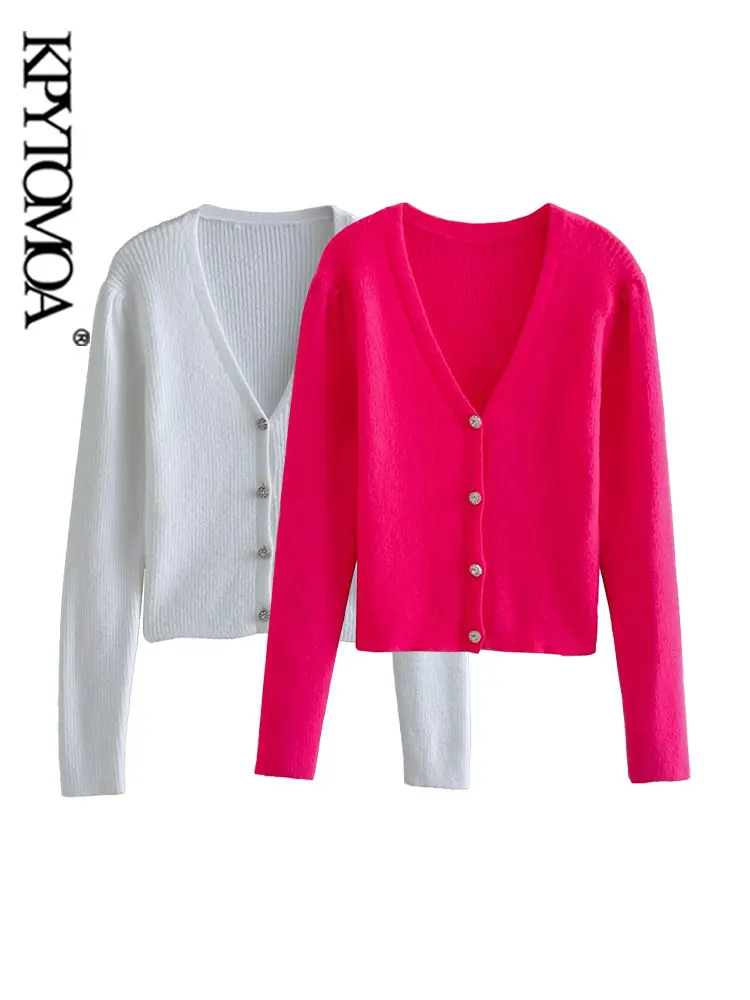 

KPYTOMOA женский Модный укороченный вязаный кардиган с драгоценными пуговицами спереди, свитер, винтажная женская верхняя одежда с V-образным в...