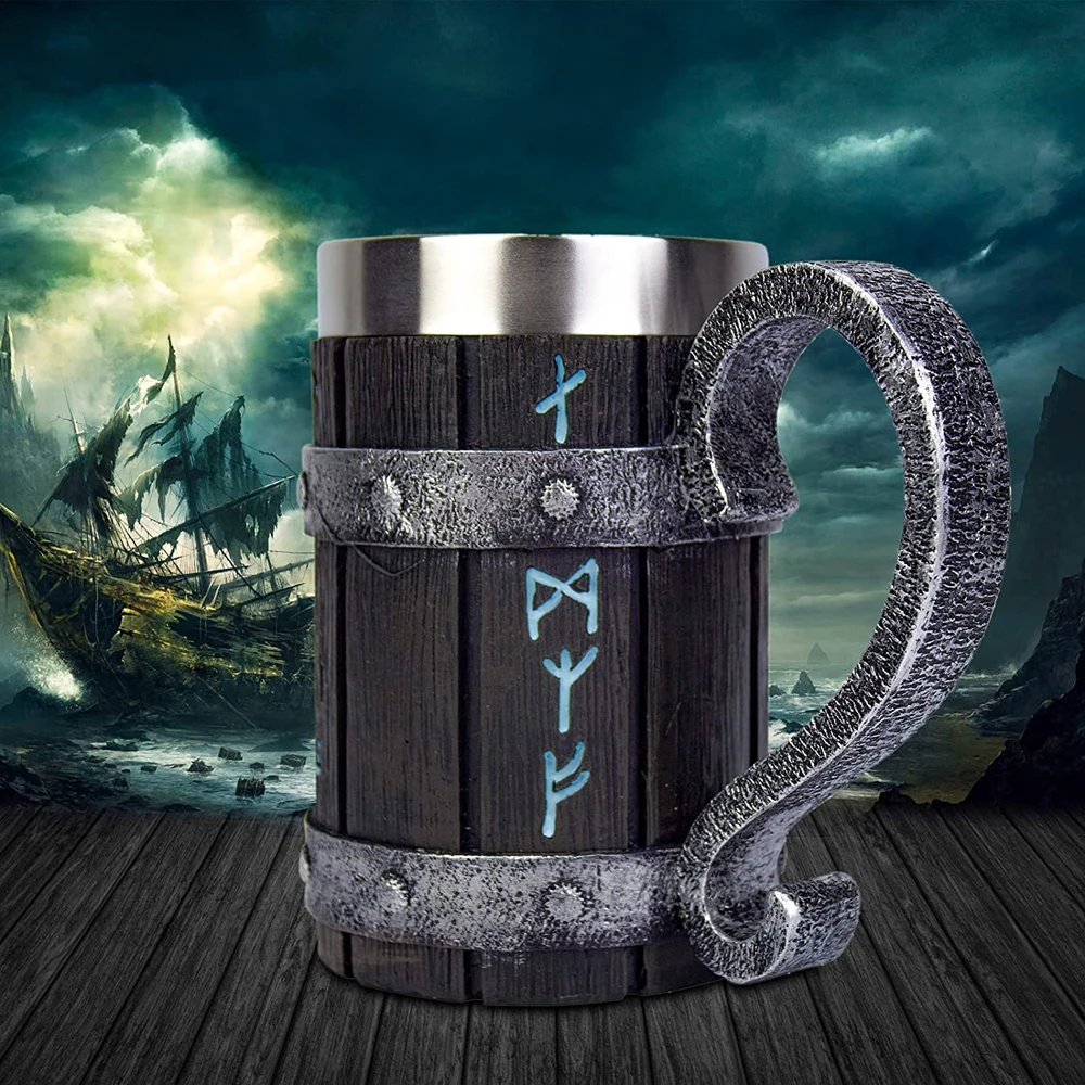 

Viking Rune Beer Mug 3D Iron 304 Stainless Steel Tankard Resin Imitation Wooden Texture Nordic Decor Stein Coffee Cup Men Gift