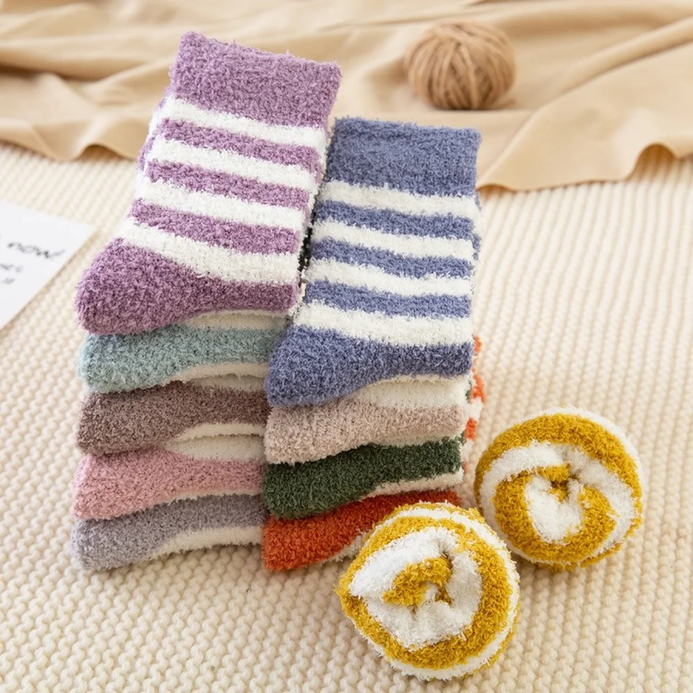 10 Pairs Autumn and Winter Thickened Striped Coral Fleece Socks Women Warm Home Sleeping Socks Mid-tube Plush Floor Socks