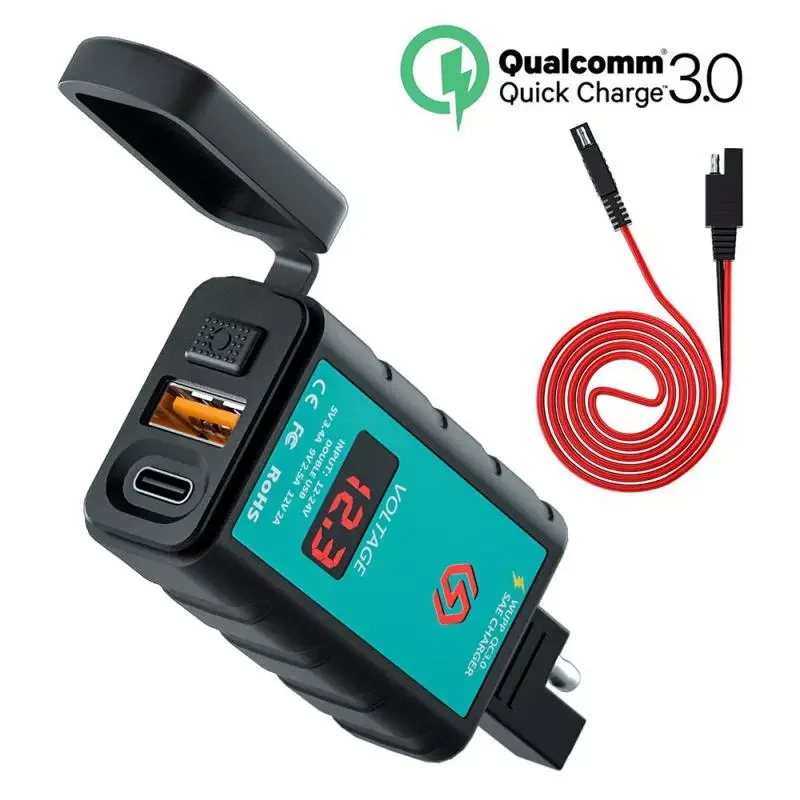 

12/24V Motorcycle Charger SAE Plug To USB+Type-C Mobile Phone Charger Adapter PD Fast Charging Waterproof Switch With Voltmeter