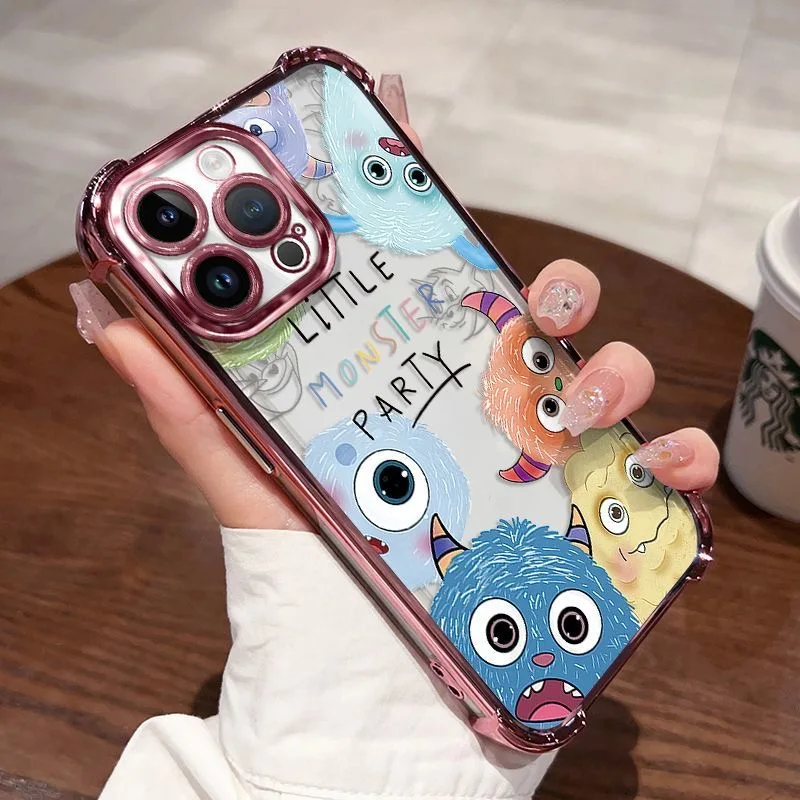 Cute Cartoon Monsters Plating Case For iPhone 16 15 14 13 12 11 Pro Max X XR XSMax 7 8 Plus Shockproof Anti-Fall Armor Cover