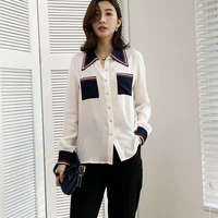 summer spring and autumn imitation silk shirt simple and elegant womens lapel stitching double pocket knitted loose fashion top