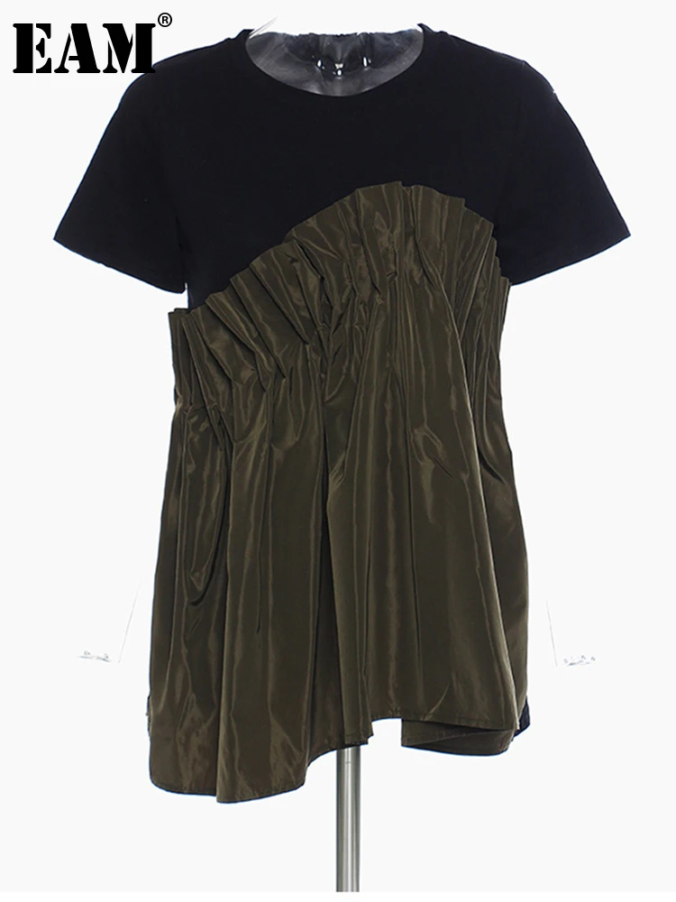 

[EAM] Women Army Green Irregular Pleated Long T-shirt New Round Neck Long Sleeve Fashion Tide Spring Summer 2022 1DD6626