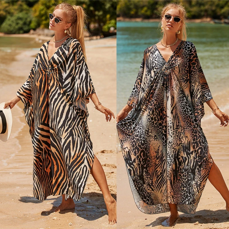 

Loose Kaftan Leopard Summer Beach Dress V Neck Long Tunic Women Beach Wear Swim Suit Cover Up Robe De Plage