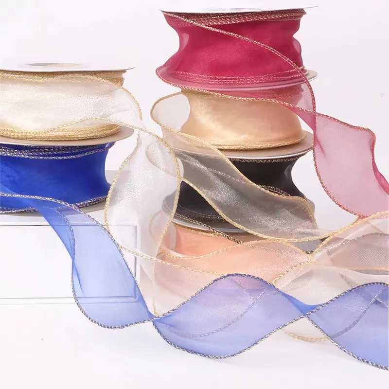 

10yards/roll 40mm Organza Ribbon Gift Wrapping Decoration Christmas Silk Ribbons for Wedding DIY Craft Handmade Gold Edge Ribbon