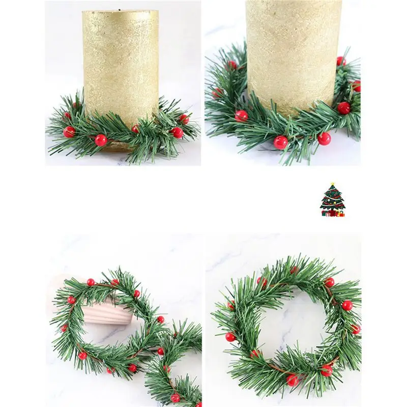 Фото ABKO-24 PCS Декоративное кольцо для свечей с ягодами холли, маленькое, искусственное, с красными ягодами и сосновыми иголками, для рождественских гирлянд и украшений №5