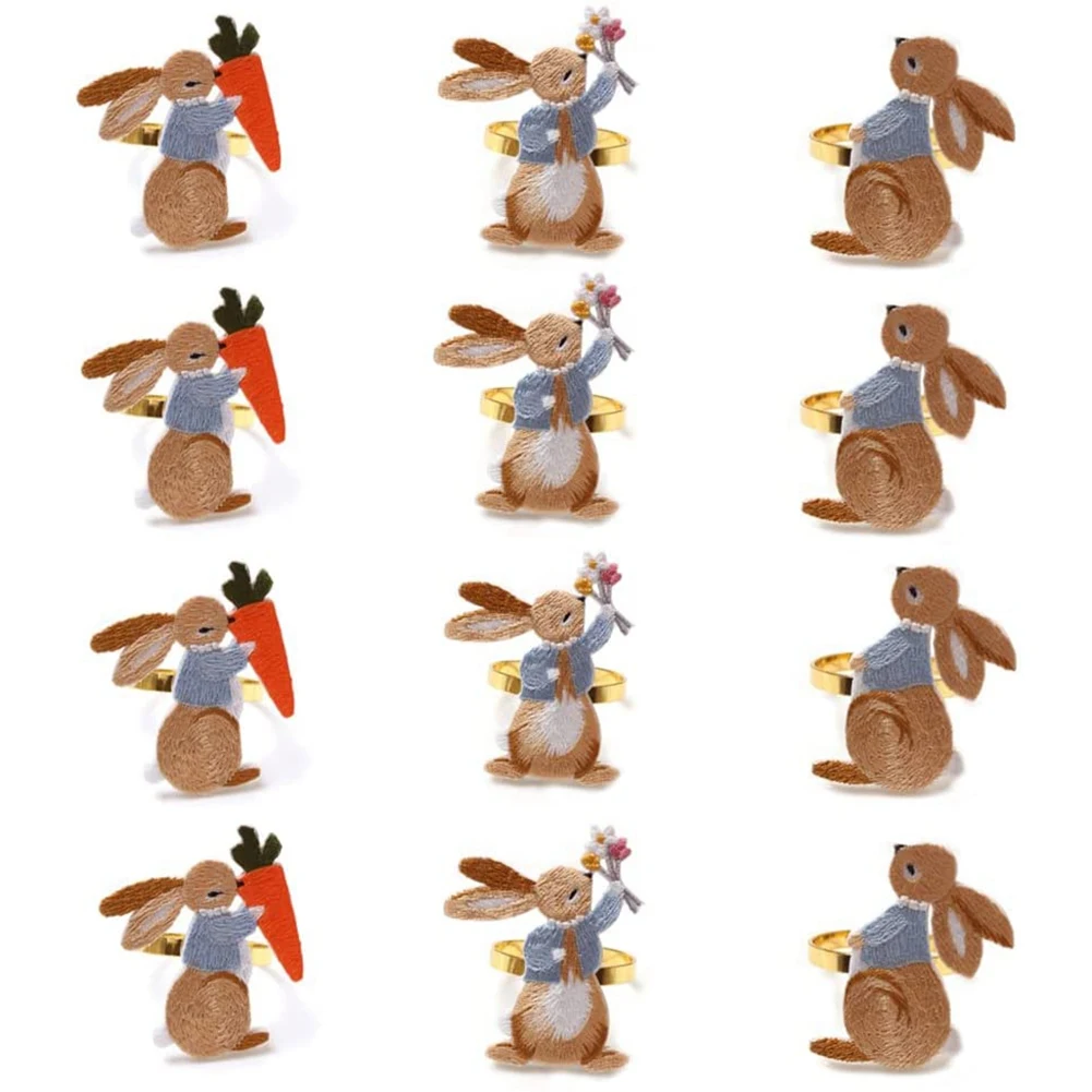 

Easter Napkin Rings Set of 12 Bunny Napkin Buckle Embroidered Rabbit Metal Napkin Ring Holders for Dining Table Decor