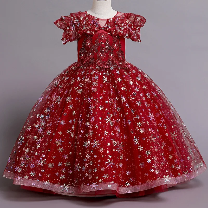 

Girls Birthday Formal Tulle Snowflake Sequin Dress Princess Elegant Jacquard Vintage Elegant Ceremony Dress Girls Wedding Dress