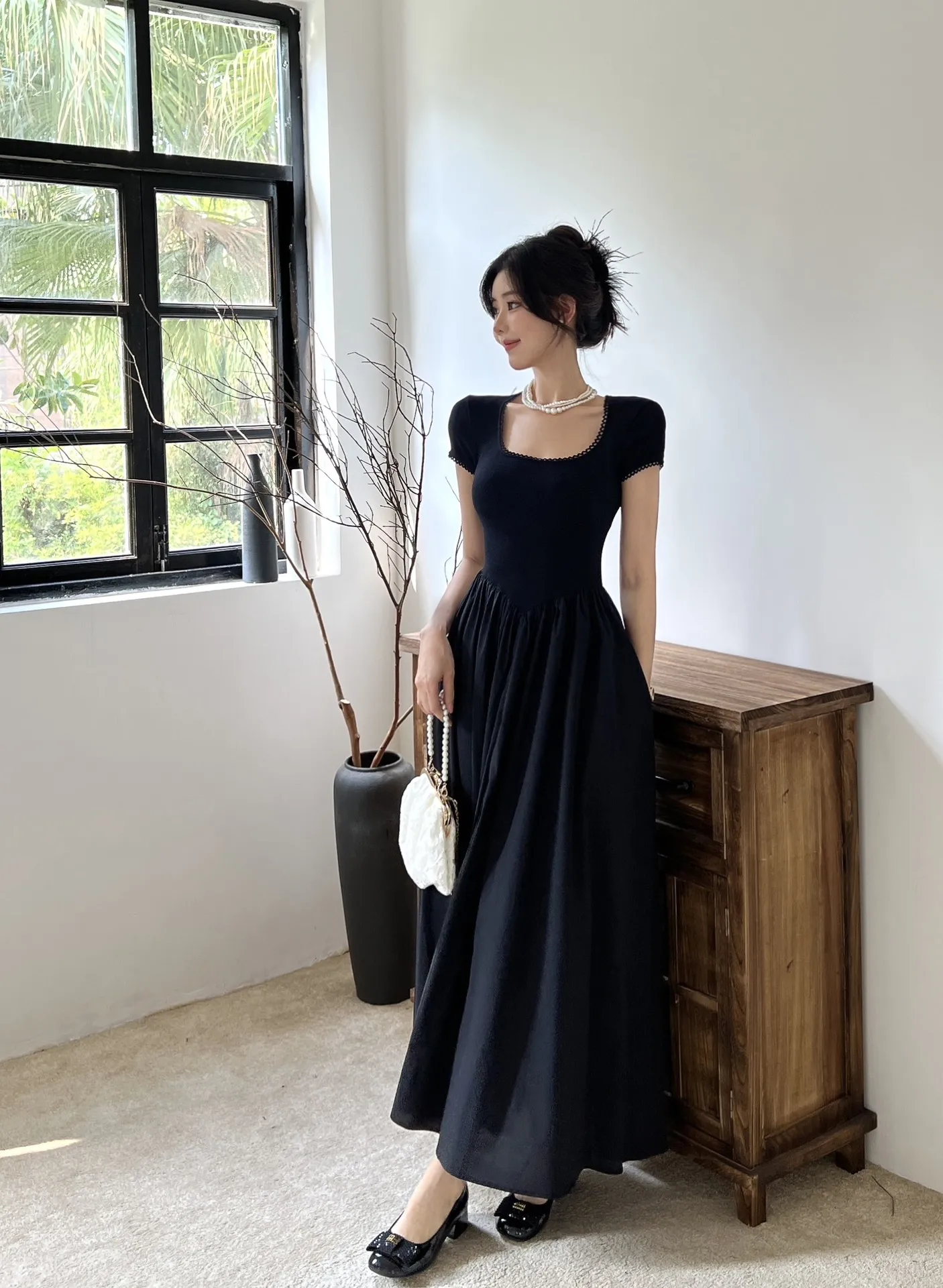 2023 spring and summer women's clothing fashion new Square Collar Hook Lace Sleeve Dress Long Skirt 0526