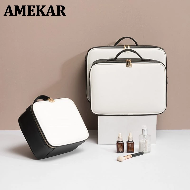 

Leather Clapboard Cosmetic Bag Professional Make Up Case Large Capacity Storage Handbag Travel Insert Toiletry Makeup bag