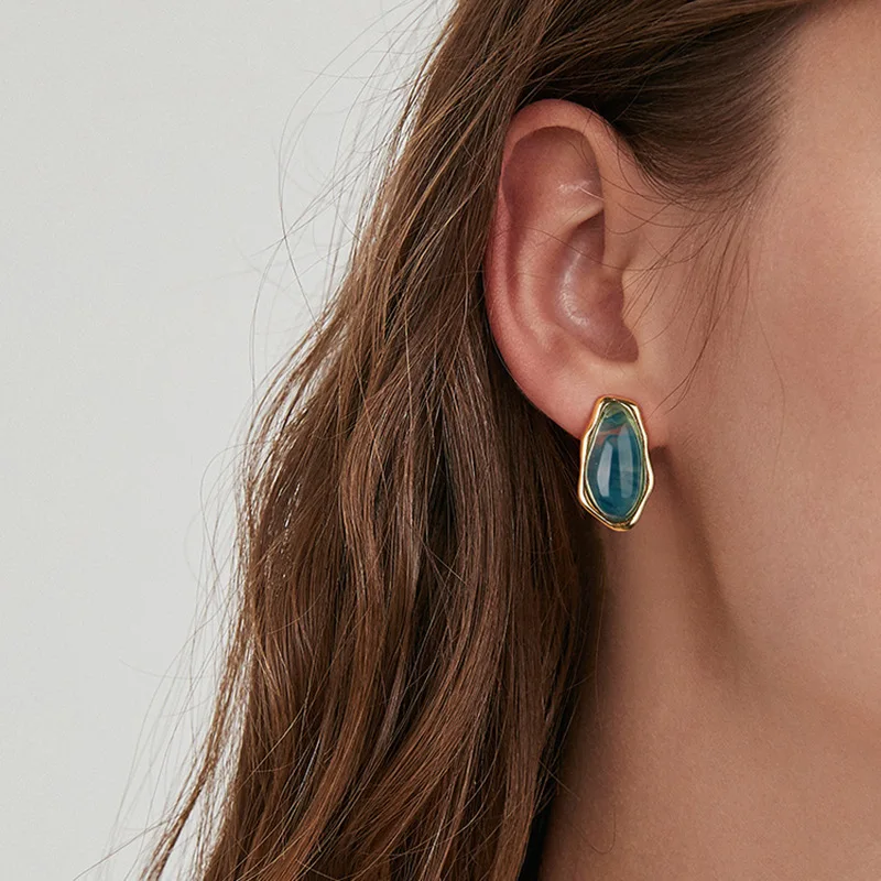 

JP17 S925 silver needle antique asymmetric geometric resin earrings small fresh temperament earrings net red wild earrings