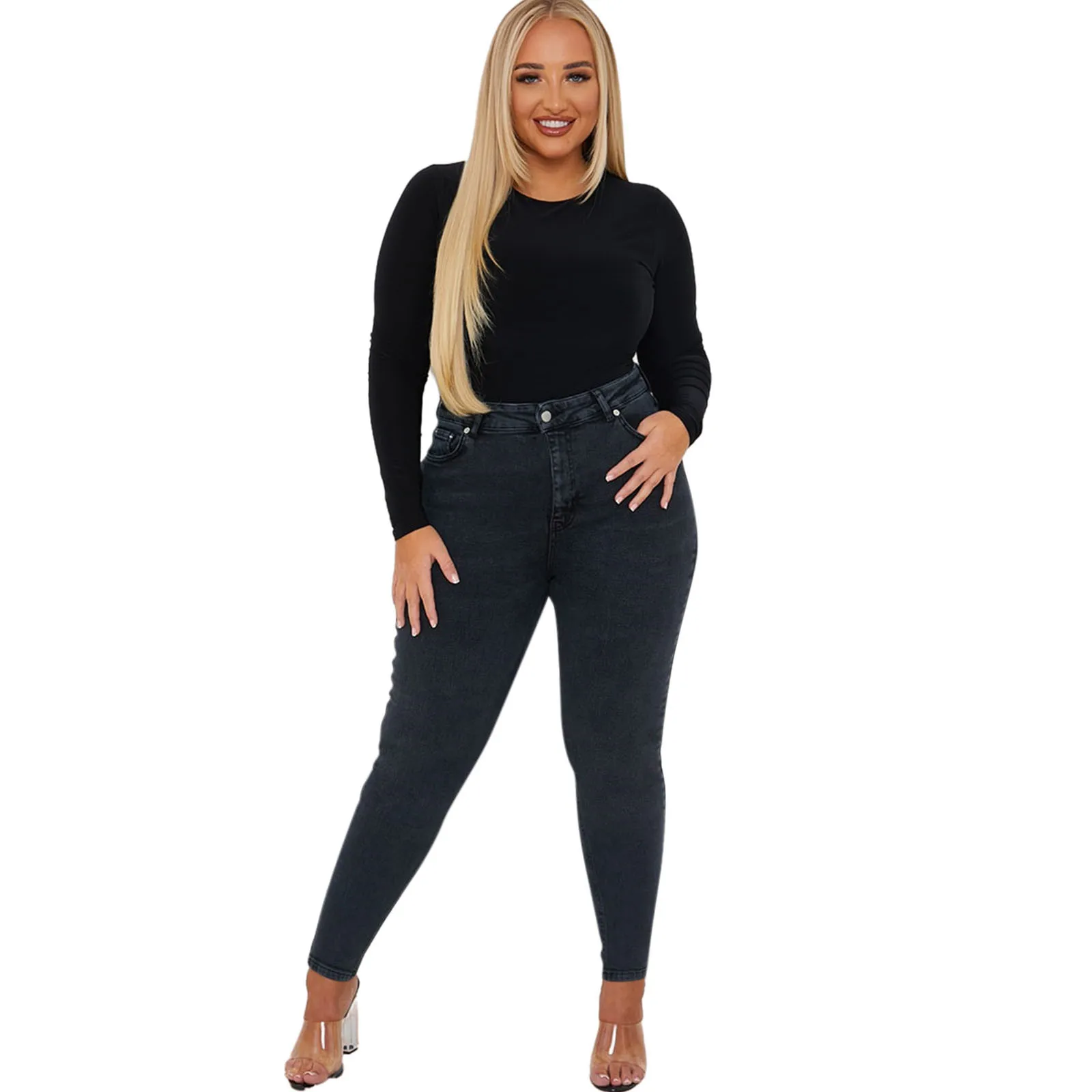 

Женские джинсы-карандаш большого размера с завышенной талией, классические эластичные узкие джинсы с застежкой-молнией и пуговицами
