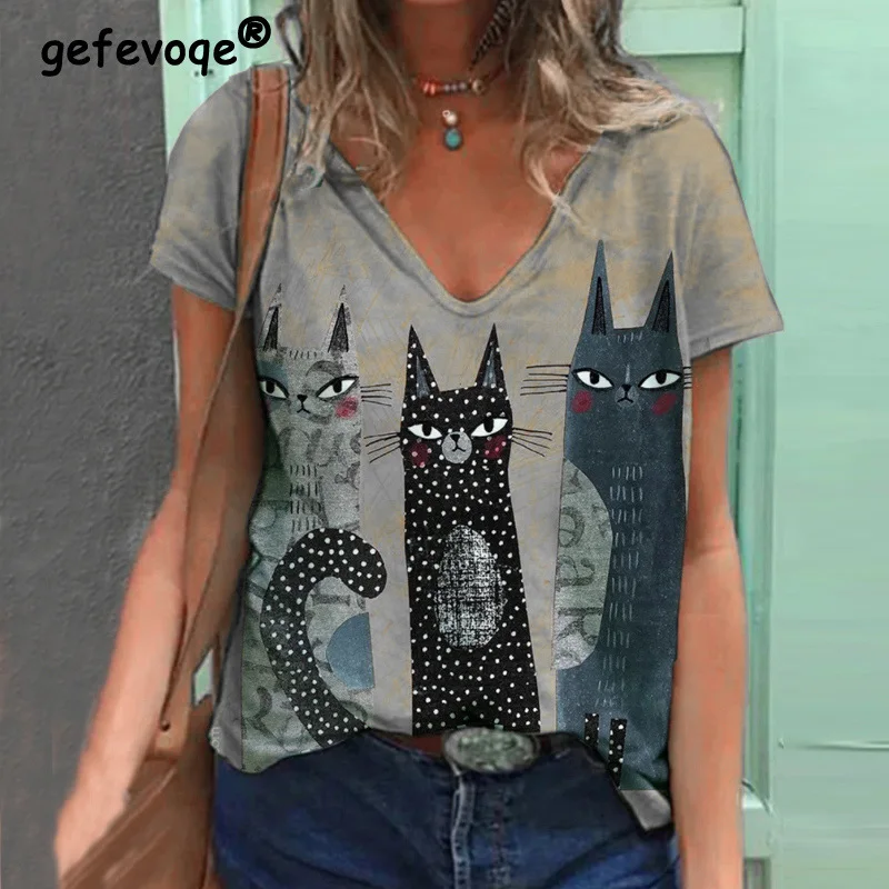 

2022 Summer Fashion Vintage Clothes Cat Print Loose Ladies Tops Casual V Neck Short Sleeve Harajuku Oversized Tees T-shirt Women