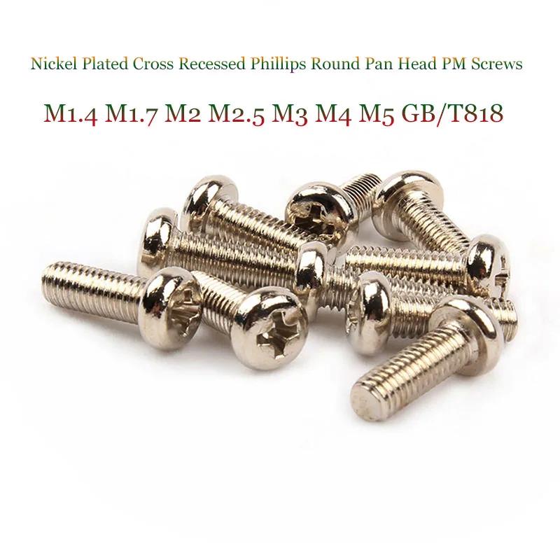 Никелированные крестовые встраиваемые Винты с круглой головкой Phillips стандарта PM, M2 1,4, M1.7, M2, M2.5, M3, M4, M5 GB/T818