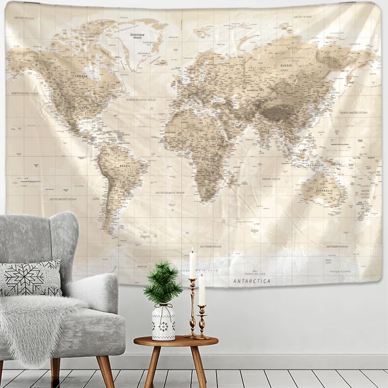 Желтый гобелен в стиле ретро с картой настенный бохо Минималистичная