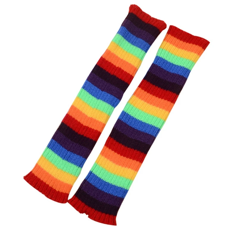 

Korean Women Student Knit Leg Warmers Crochet Ribbed Rainbow Striped Lolita Kawaii Boot Cuffs Cover Calf Socks Stockings