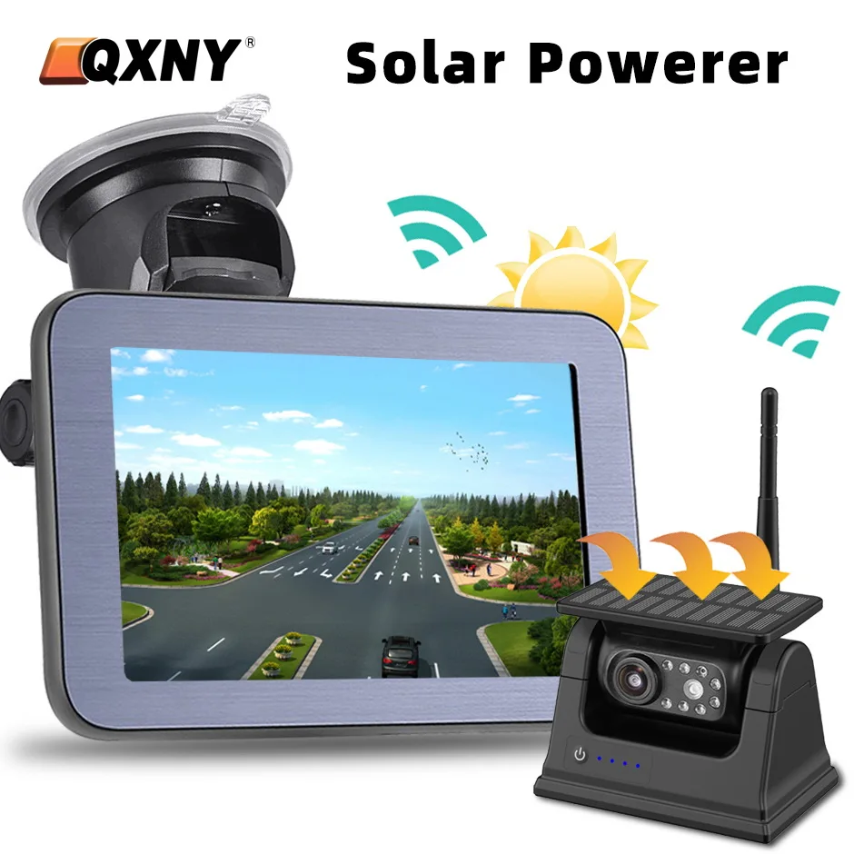 

QXNY HD Wireless Solar Powered Energy Magnet Reverse Backup Camera with AHD 5" Rear View Monitor for Camper/Truck/Trailer/Rv/Van