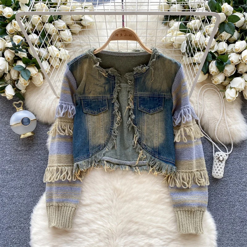 

Vintage Fringe Stripe Knit Long Sleeve Blue Denim Cardigan Jacket Round Collar Frayed Burrs Spring Autumn Women Knitwear Coat