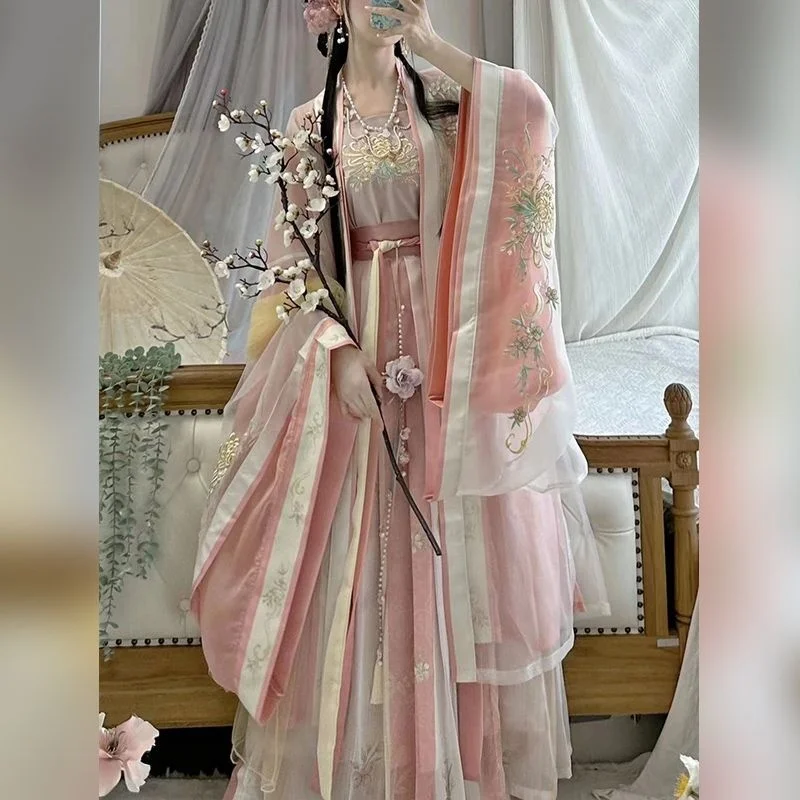 

2023 Розовое женское традиционное китайское танцевальное платье Hanfu с вышивкой женская модель династии Hanfu Song для женщин