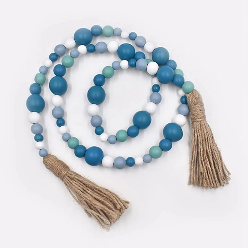 Blue Wood Bead Wreath Nautical Farmhouse Country Style Beaded With Twine Tassels For Home Room Decor