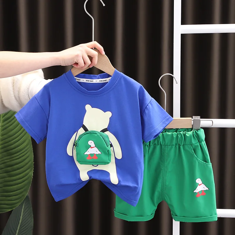 

Летняя одежда для маленьких мальчиков от 12 до 18 месяцев, футболки с круглым вырезом и короткими рукавами с мультяшным рисунком, топы и шорты, детский спортивный костюм, комплект одежды для мальчиков, 2023