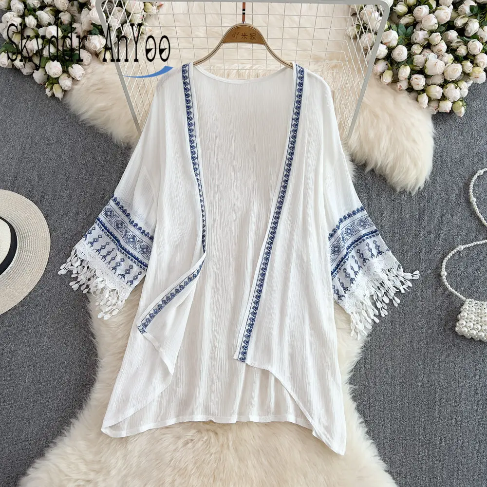 

2022 Summer Shirts For Women Bohemian Holiday Style Women's Blouse Loose Casual White Cardigan Kimono Tops Female Cover Ups