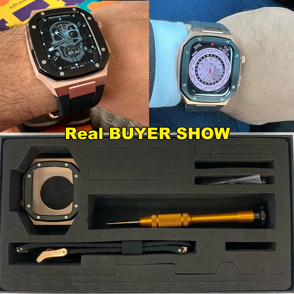 Luxury Metal Case+Strap for Apple Watch Band Series 8 7 45mm 41mm Stainless Steel Strap Rubber Bracelet for IWatch 6 54 40 44mm