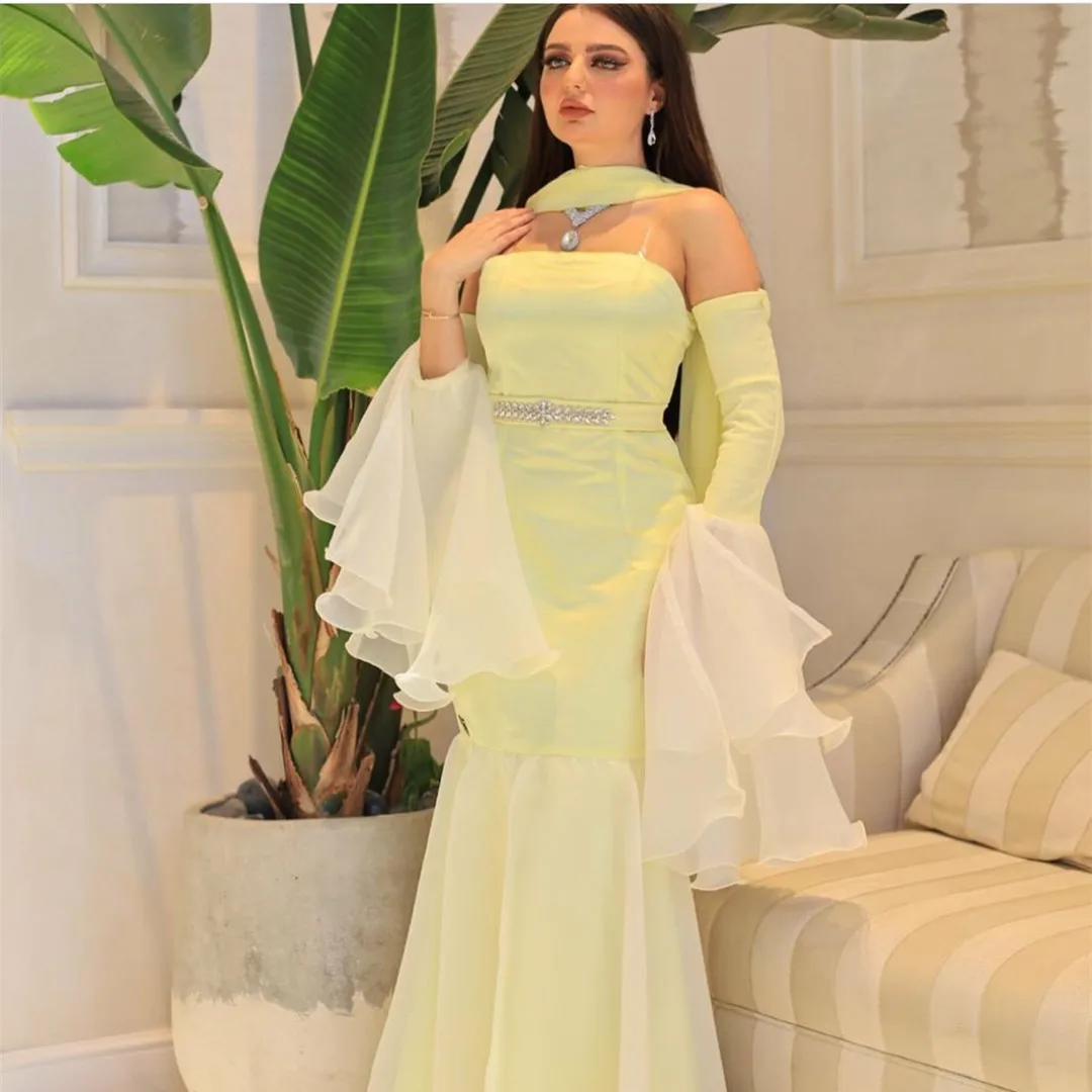 

Элегантное вечернее платье с длинным рукавом BridalAffair без бретелек из органзы с поясом желтое платье в пол для выпускного вечера для женщин