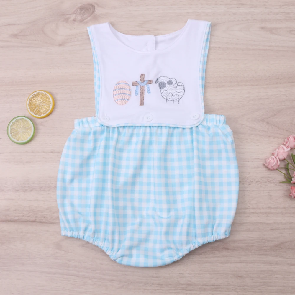 

Happy Easter 0-3T New Born Baby Boys With Cartoon Eggs and Crosses Embroidery Sleeveless Bluey Jumpsuit Bodysuits & One-pieces