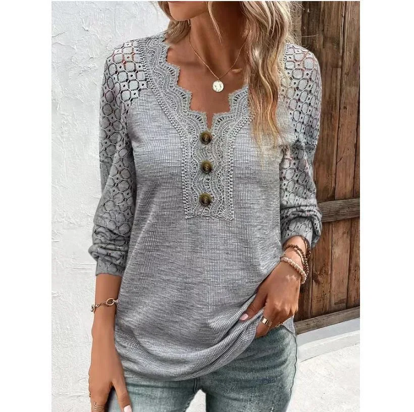 

2023 Autumn Winter New Fashion Comfortable Female Casual Lace Long Sleeve Splicing Women's Top V-neck Pullover T-shirt Commute