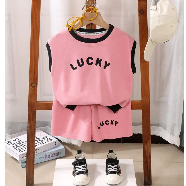 

Children's vest shorts set 2023 summer new girls 2-piece suit boy baby children's clothing.