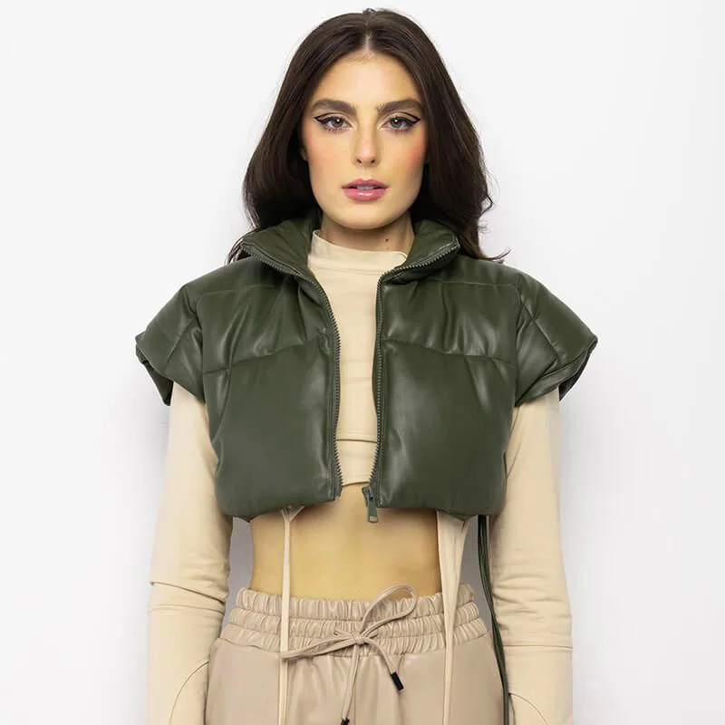 Zipper Stand Collar Short Sleeve Puffer Jacket For Women Streetwear Y2K Autumn Winter PU Leather Short Jacktes Parkas Coats