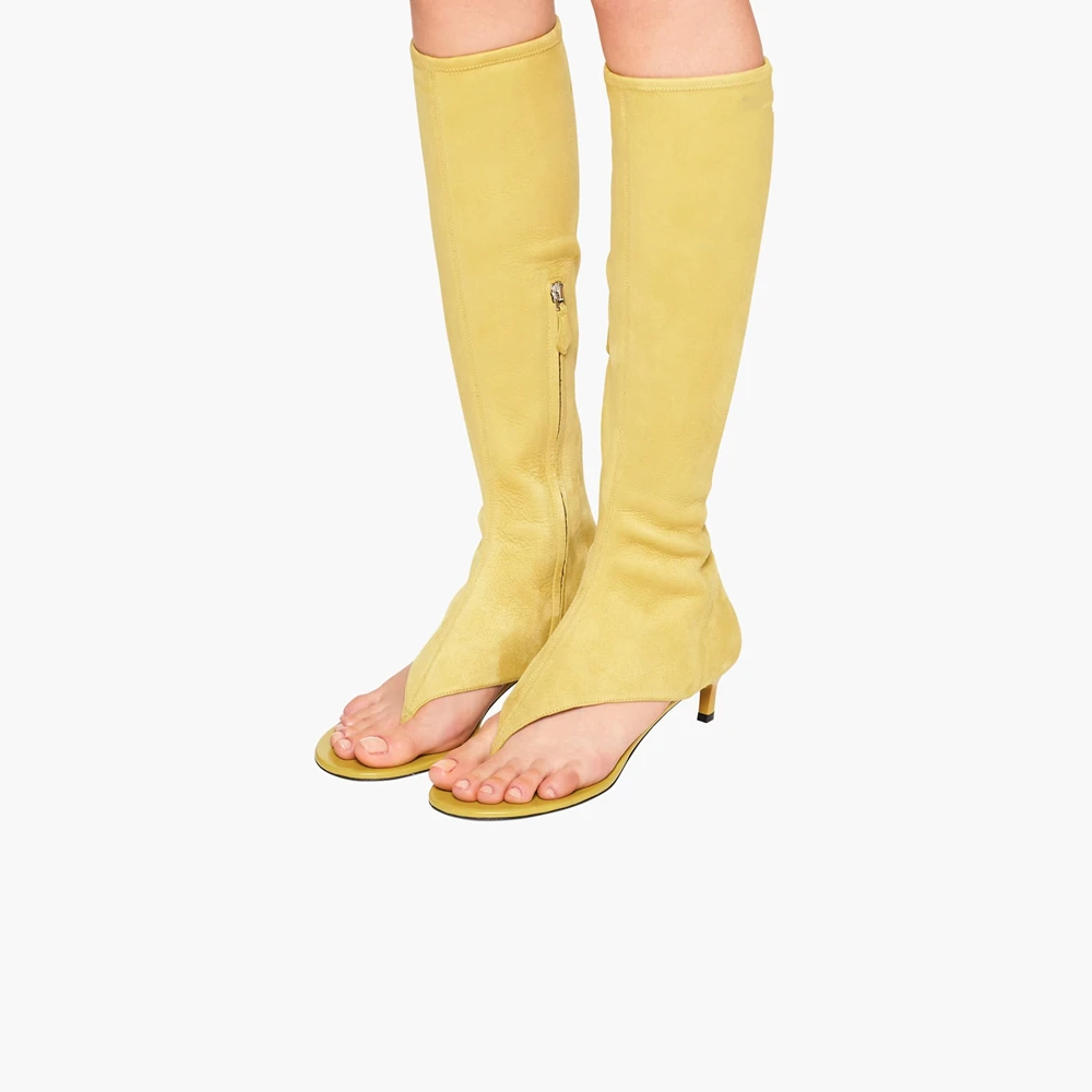 Women's New Fashion Slim Heel Black Cat Heel Clip Toe Boots Elastic Soft Microfiber Flip-Flops Side Zip Low Heel Knee Boots