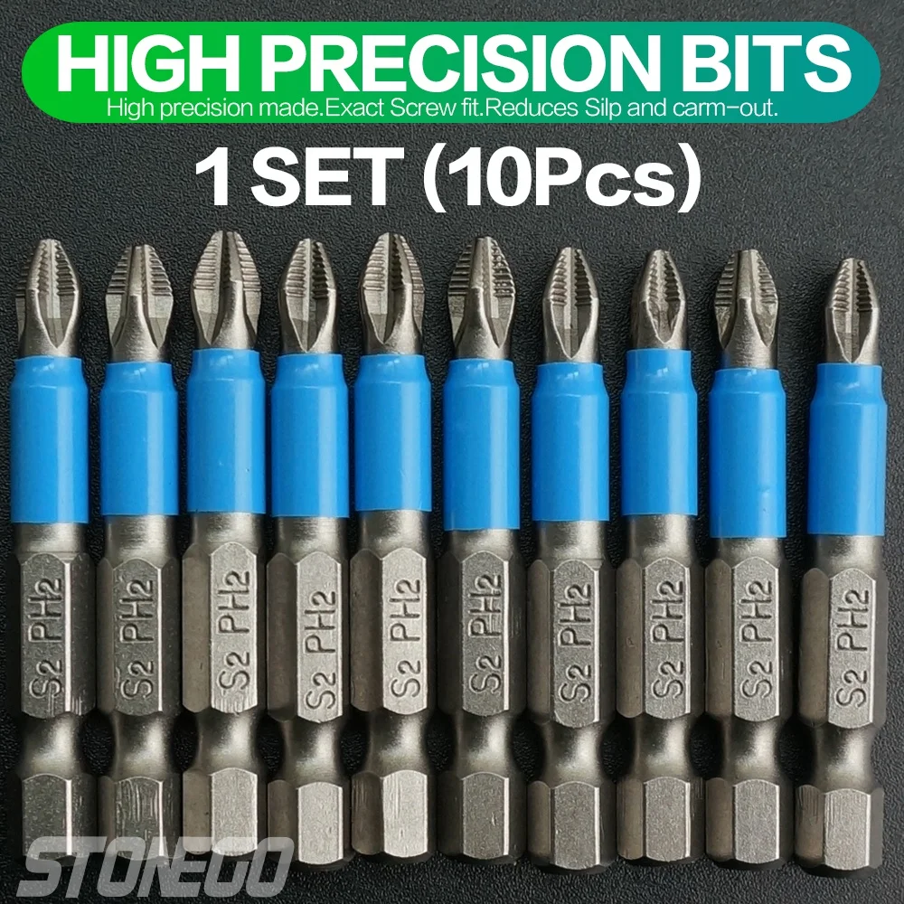 

STONEGO 10Pcs Screwdriver Bits Set - 1/4" Hex Shank S2 Magnetic PH2 Cross Head with Anti-Slip Electric Tip - 50mm Driver Drill