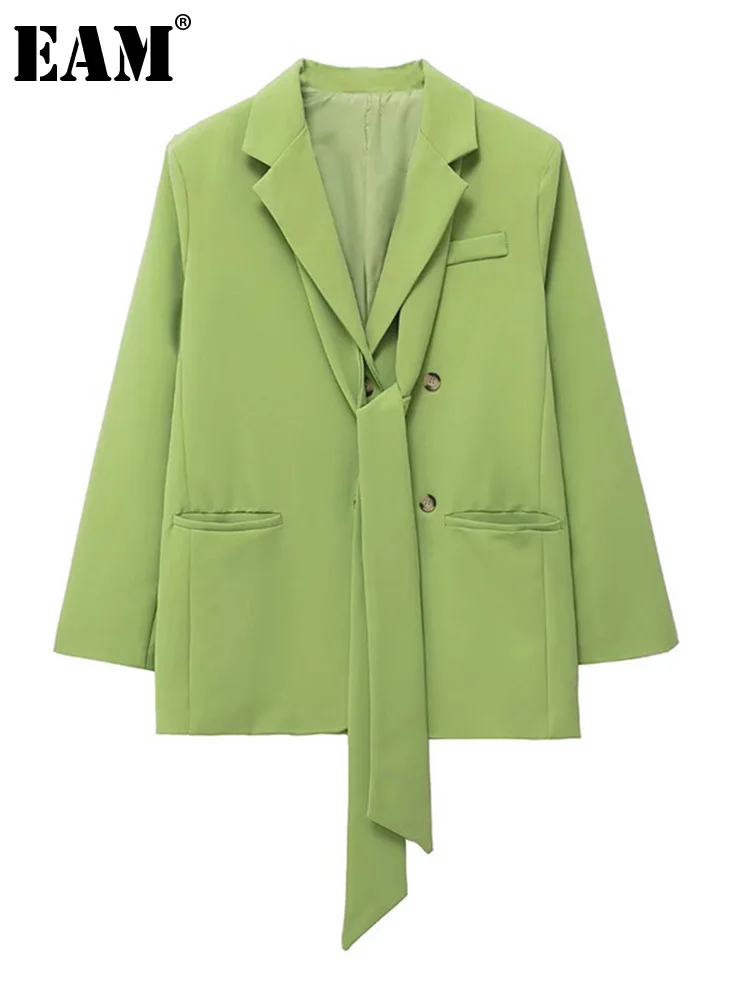 

[EAM] Women Green Tie Casual Big Size Blazer Notched Long Sleeve Loose Jacket Fashion Tide Spring Autumn 2022 1DE7576