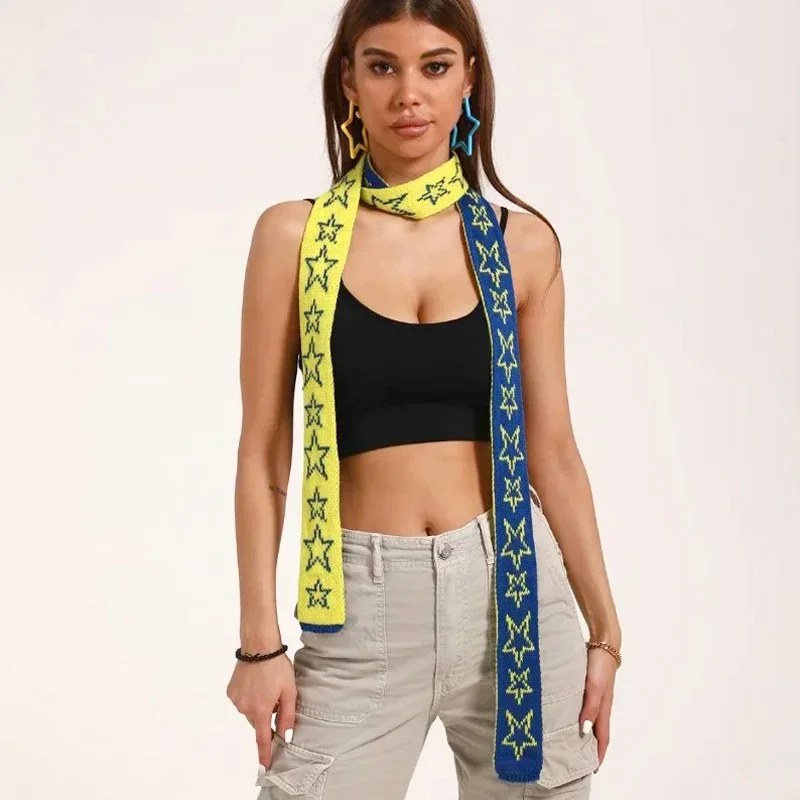 

Stylish Knitted Y2k Korean Designer Thin Scarf Long Strip Star Neckerchief Scarf Women's Fashion Harajuku Girl Scarf Warm Choker